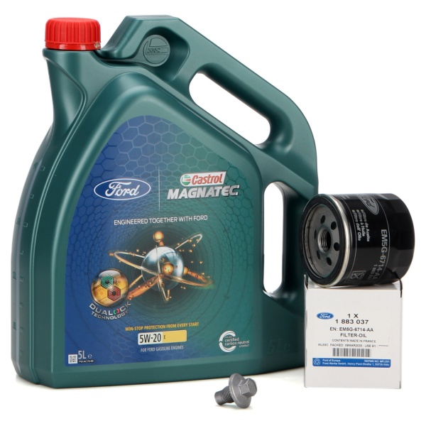 Pachet Revizie Ulei Motor Castrol Magnatec Ford 5W-20 E 5L 15D63F + Set Filtru Ulei + Surub Golire Baie Ulei Oe Ford 1883037 + 2261879